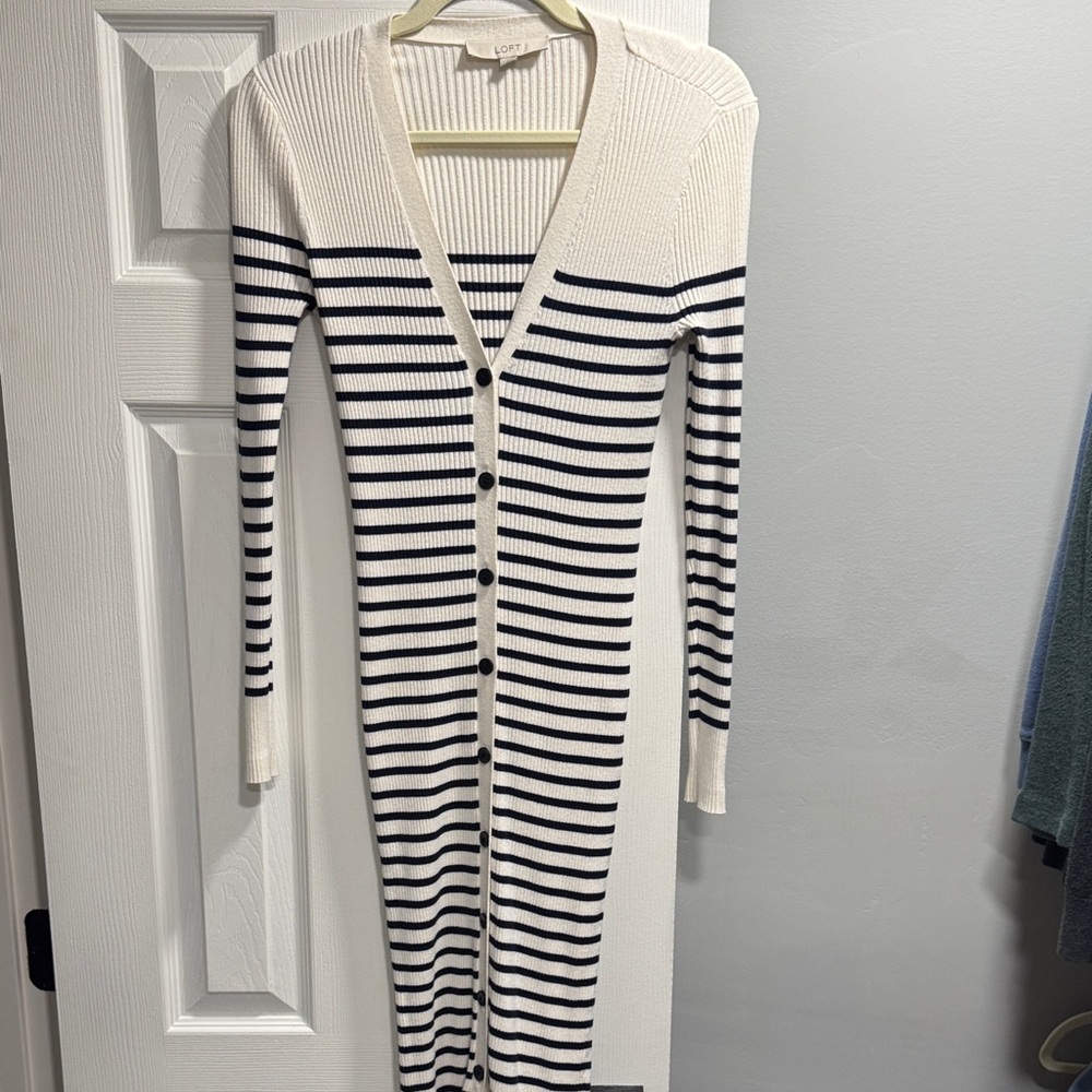 LOFT Navy and White Striped Sweater Dress Long Sleeve - Size Small